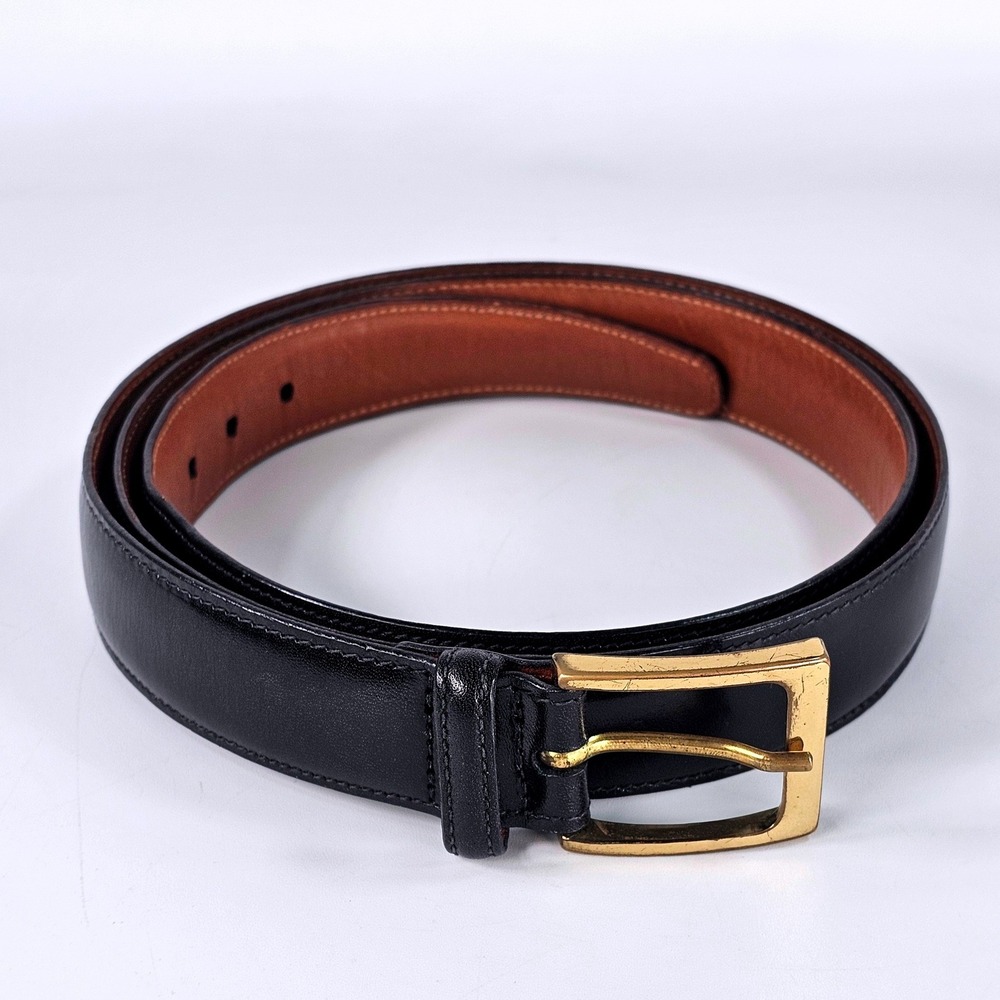 Trafalgar Cortina Mens Black Leather Belt Gold Buckle Size 44 Handmade USA